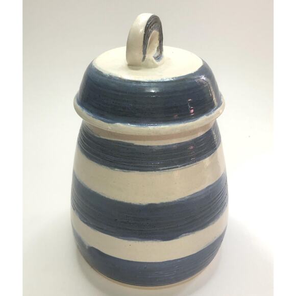 Hand Thrown 7" Blue & White Stripe Pottery Canister Container Signed ck Studio - Picture 4 of 4